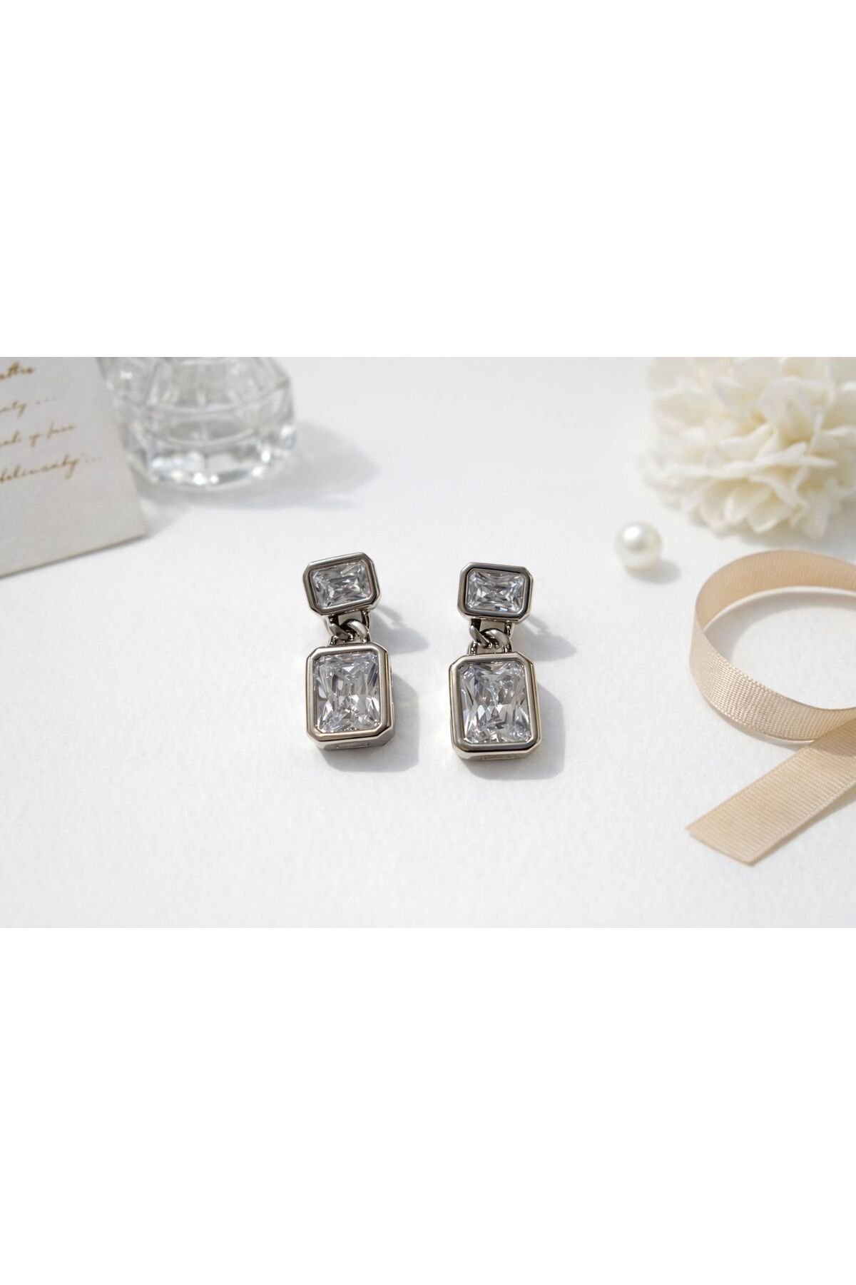 Women's Steel Earrings with Baguette Stone