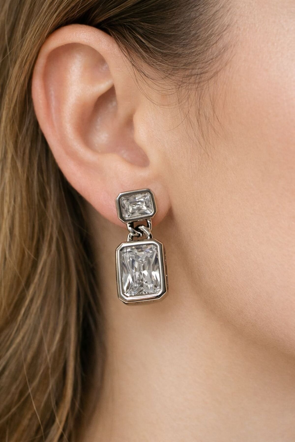 Women's Steel Earrings with Baguette Stone