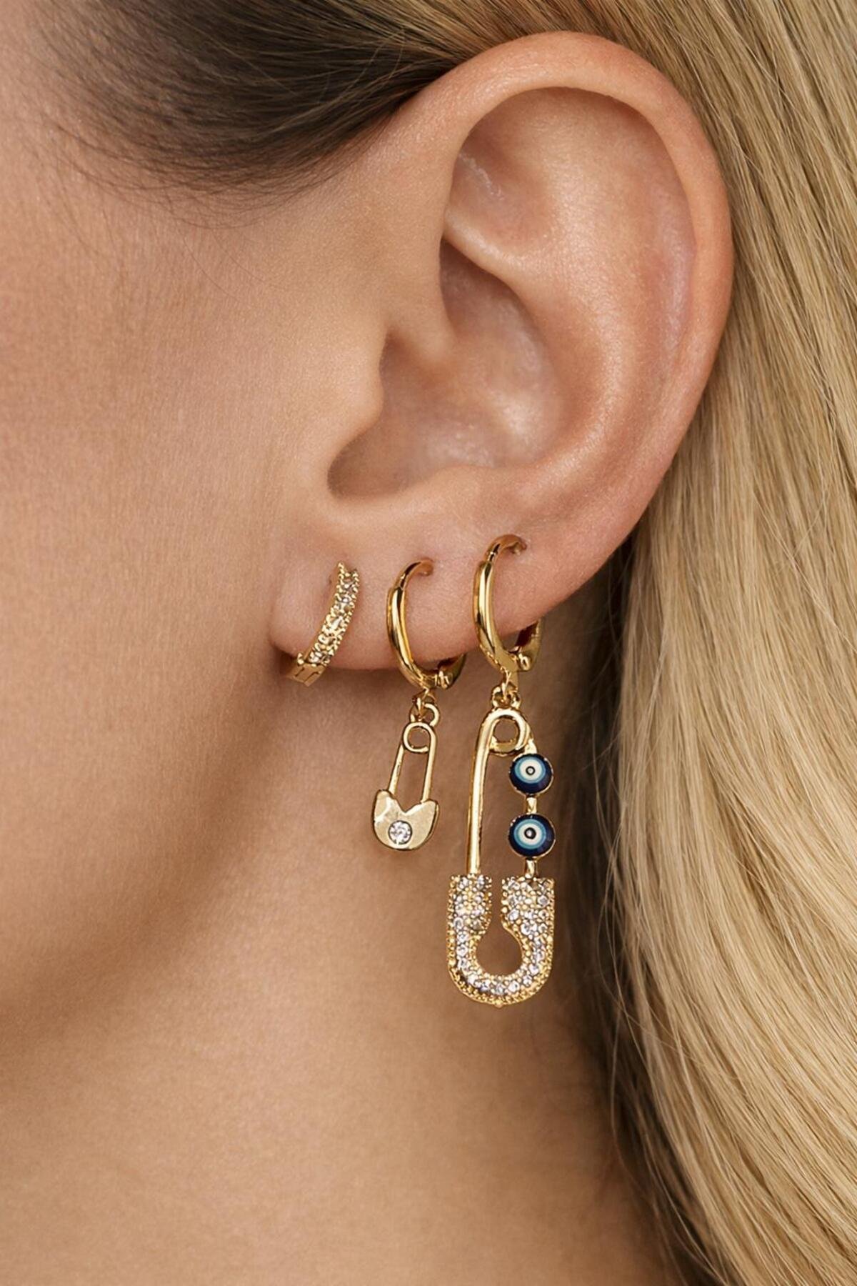 Evil Eye Detailed Single Ear Ear Earrings Set