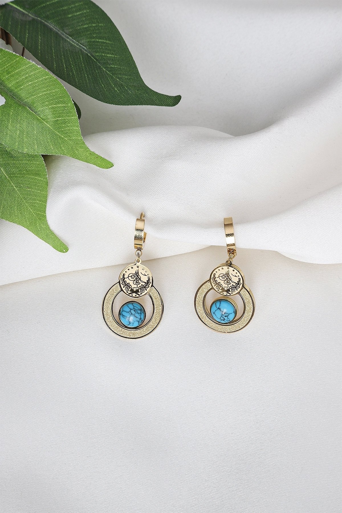 Osmanlı Tuğralı Firuze Taşlı Çelik Küpe