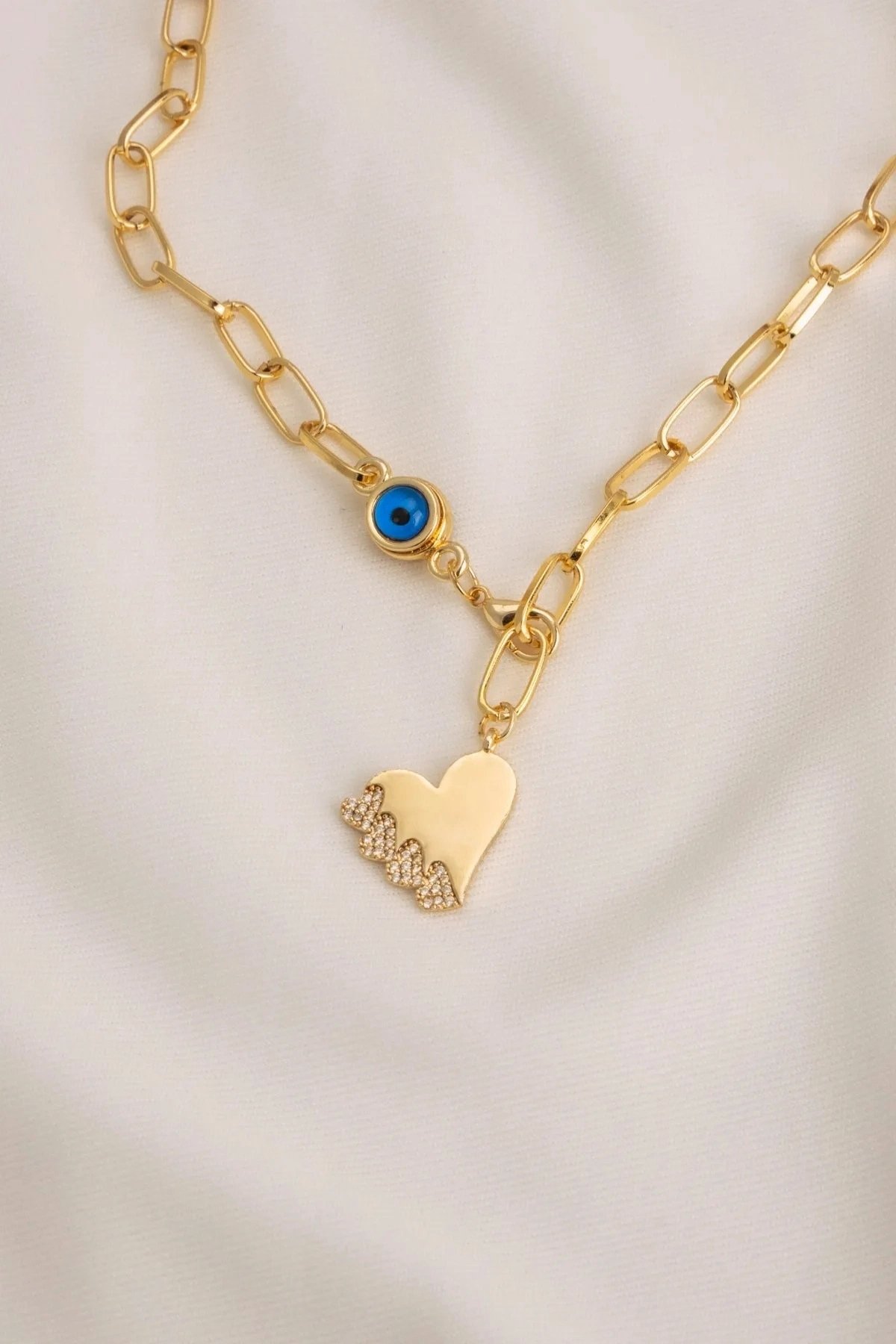 Hearted Model Stone Detailed Gold Plated Necklace