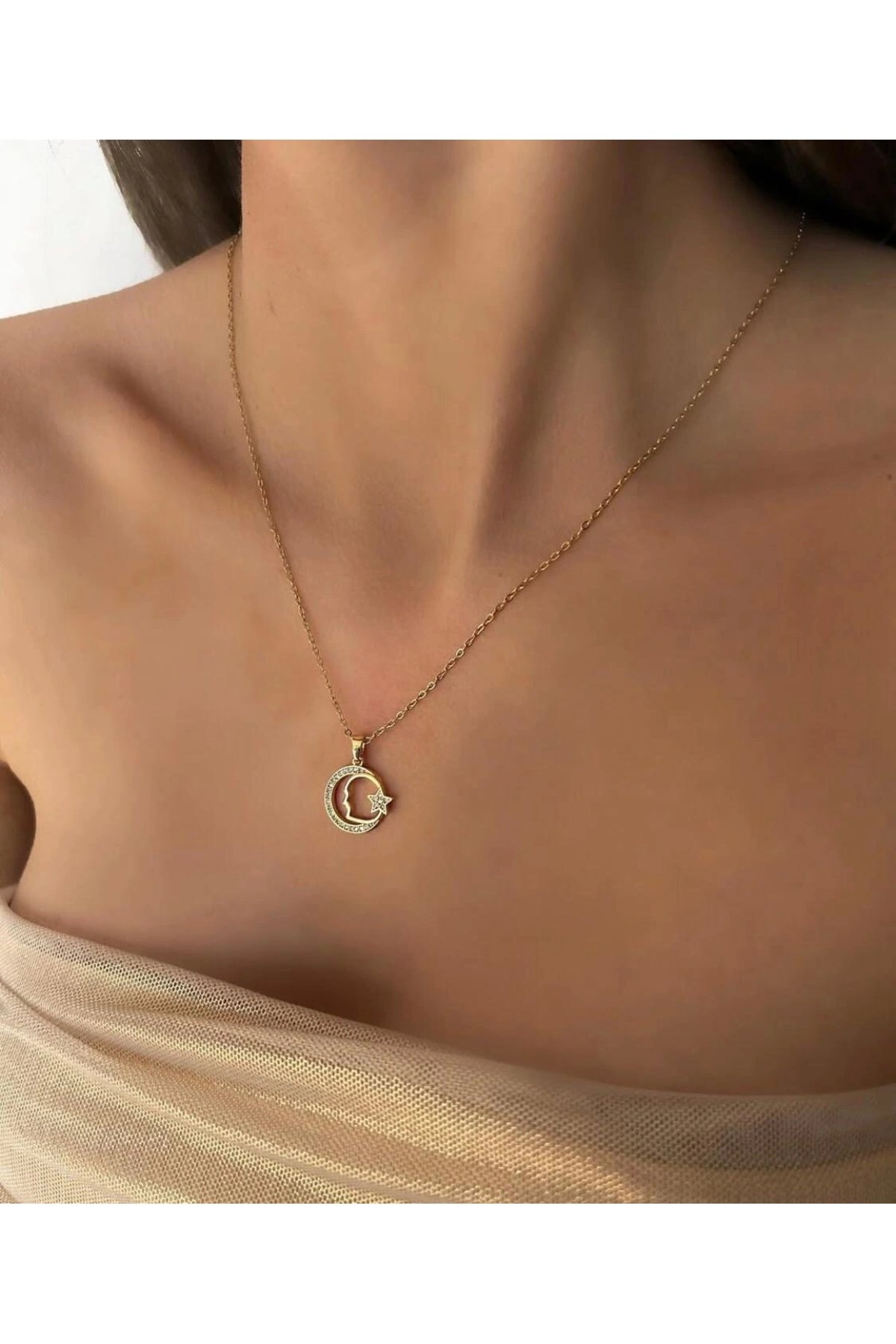 Ay Yıldızlı Zirkon Taşlı Çelik Kolye