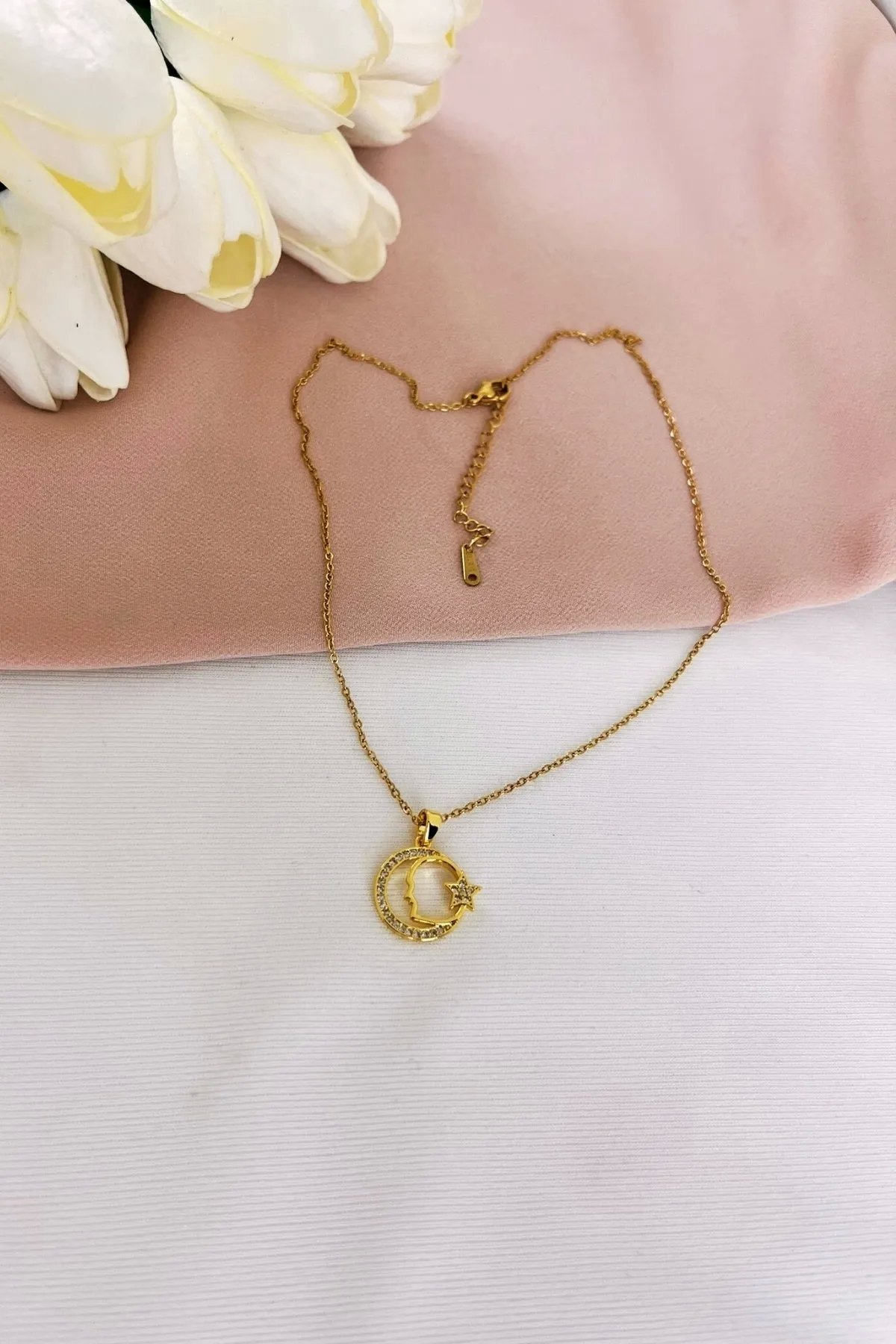 Ay Yıldızlı Zirkon Taşlı Çelik Kolye