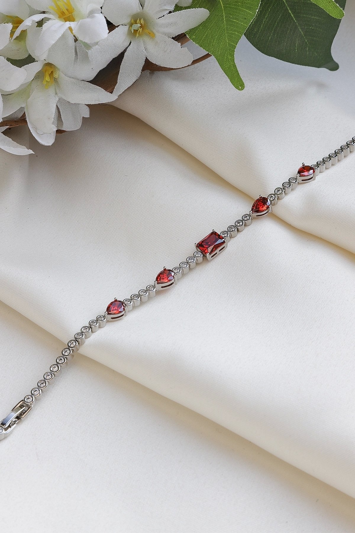 Red Stone Detailed Steel Bracelet