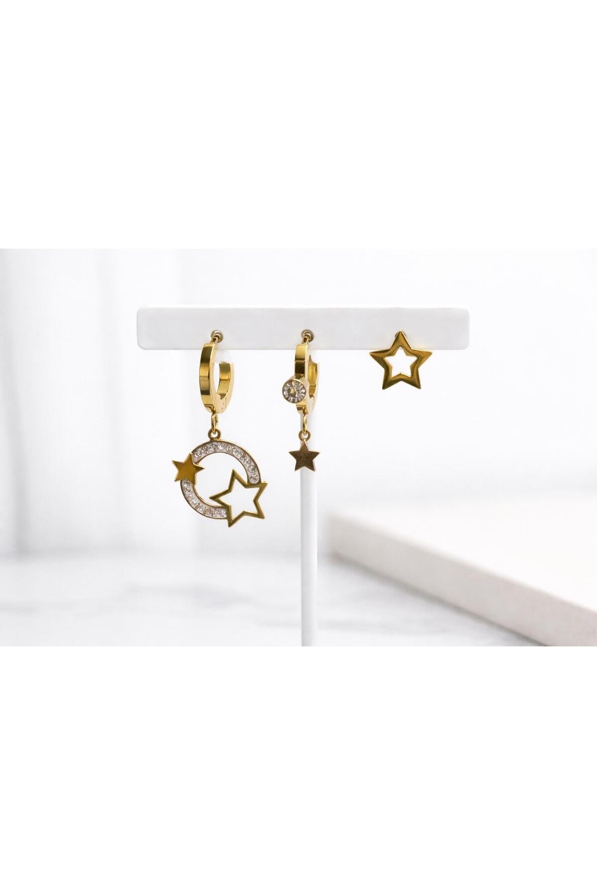 Asimetrik Yıldız & Halka Çelik Küpe Seti – Tek Kulak Kombin