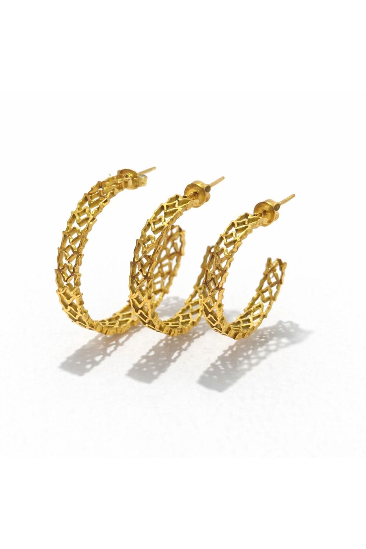 Gold Çiçekli Çelik Halka Küpe 3’lü Kombin Seti