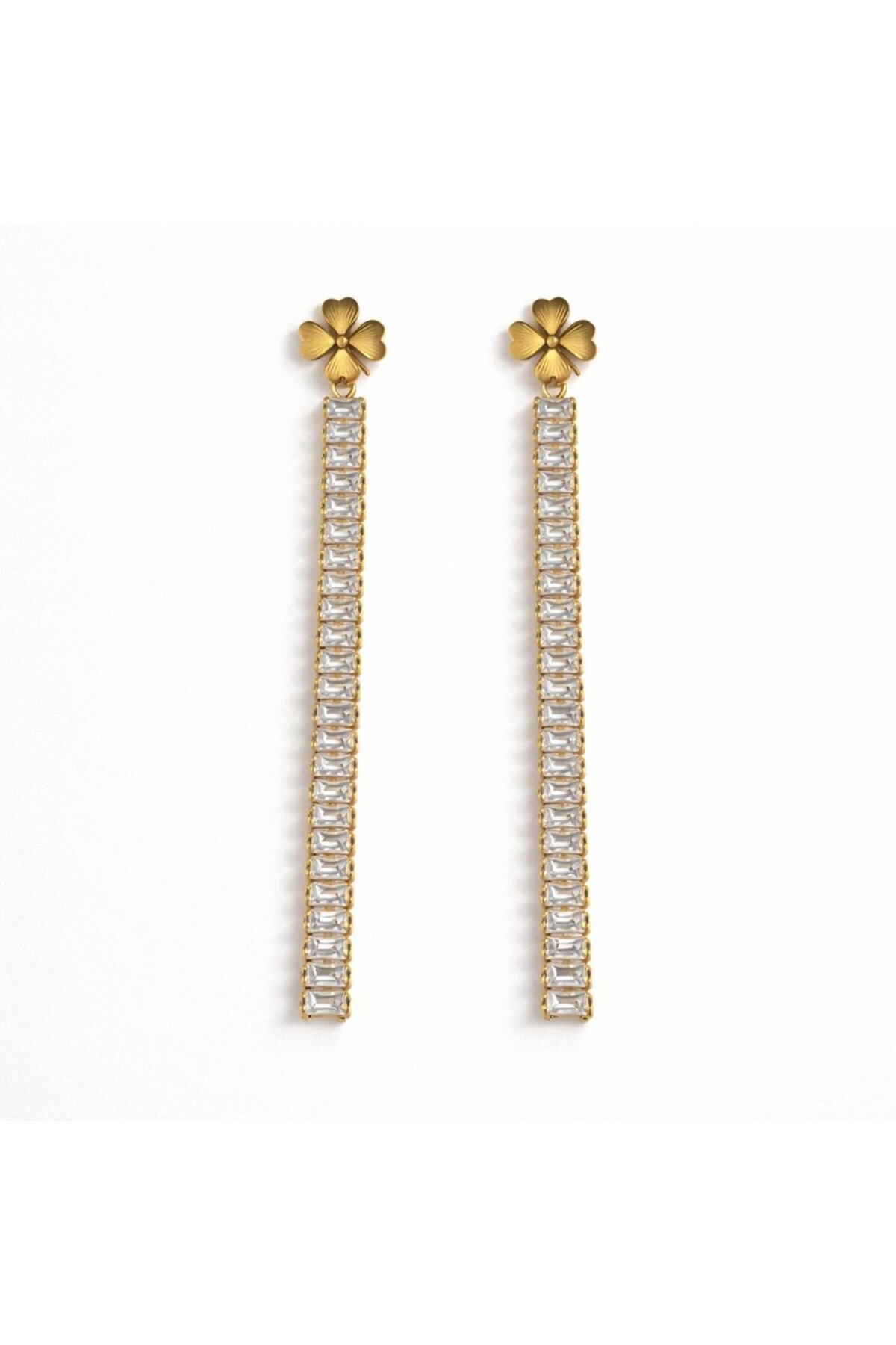 Gold Yonca Detaylı Uzun Çelik Küpe