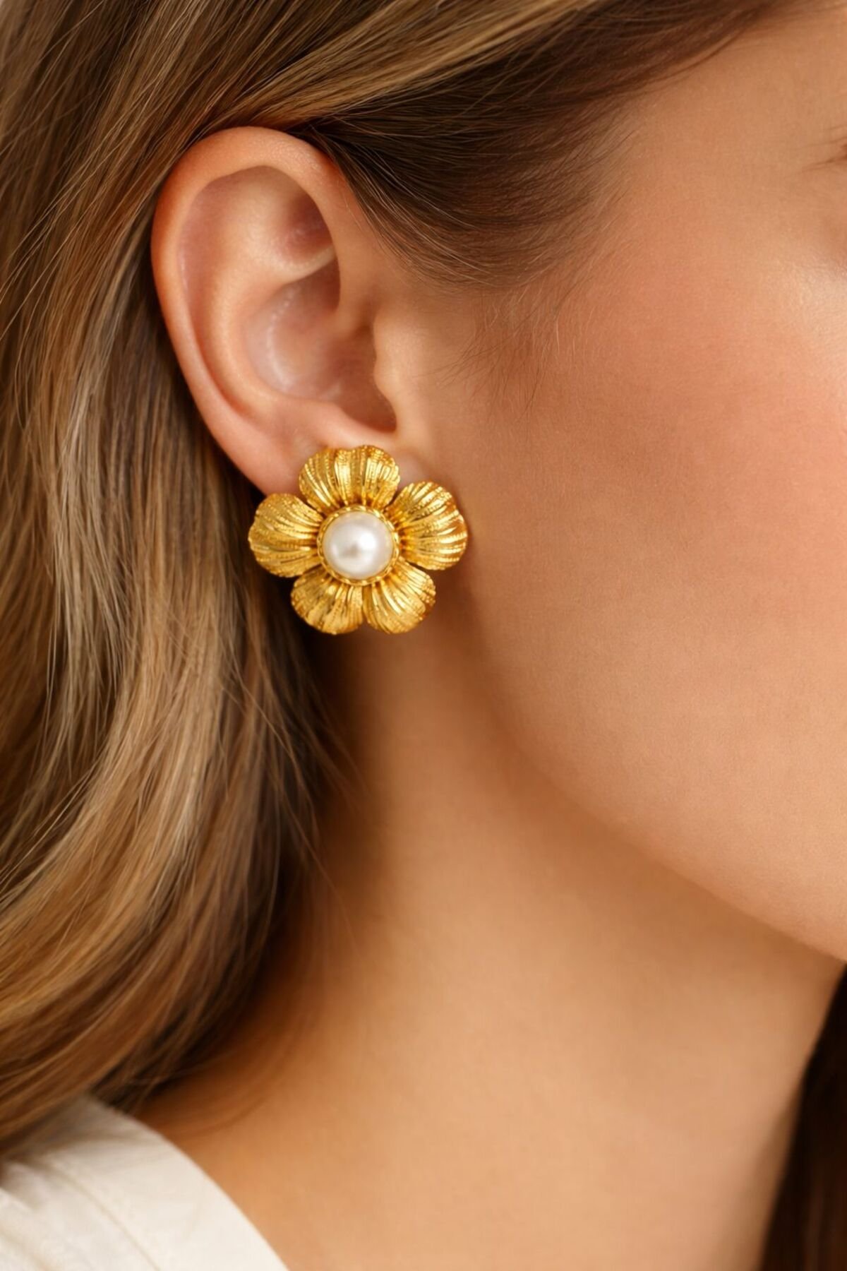 Steel Pearl Flower Earrings